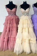 Red Tulle Off-the-Shoulder Ruffle Tiered Long Prom Dress