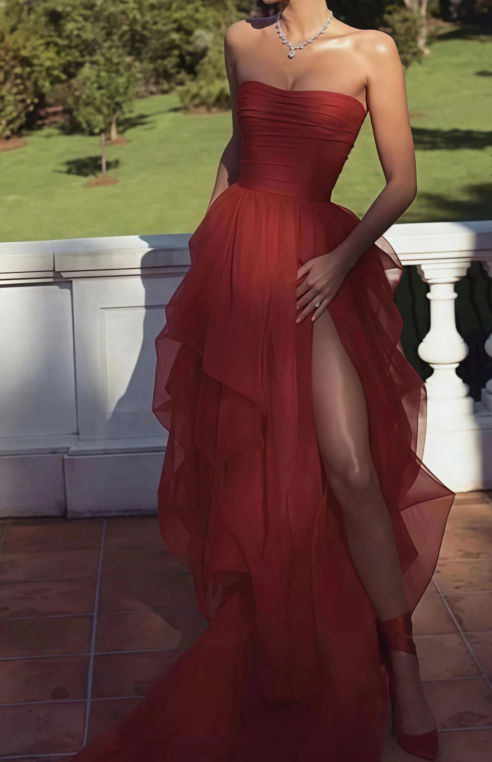Red Tulle Classy Prom Dress Strapless Ruffle Classy Evening Dress Red Classy Prom Dress Main image