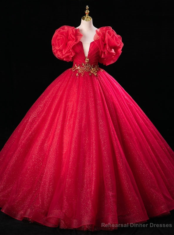 Red Tulle Sequins Beading Pearls Quinceanera Dress Main image