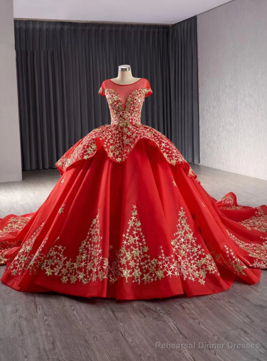 Red Tulle Sequins Cap Sleeve Prom Dress Main image