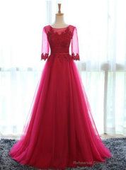 Red Tulle Short Sleeve Lace Bridesmaid Dress