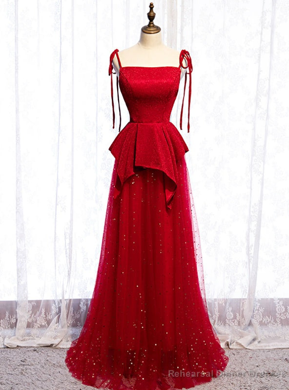 Red Tulle Spagehtti Straps Sequins Long Prom Dress Main image