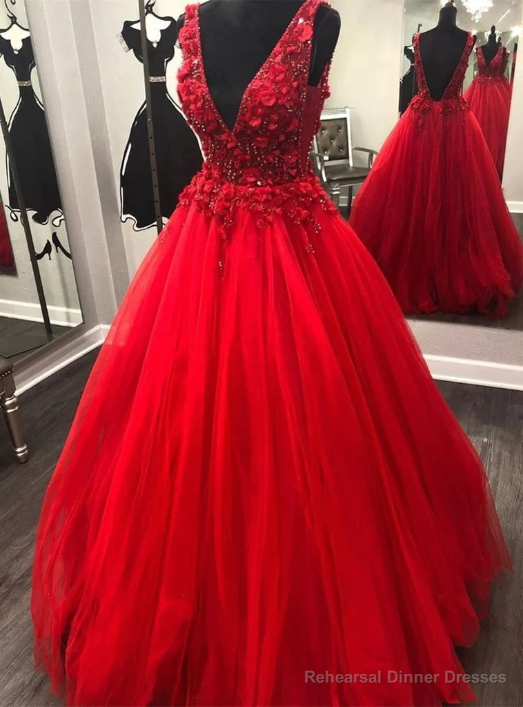 Red Tulle V-neck Backless Flower Beading Prom Dress Main image