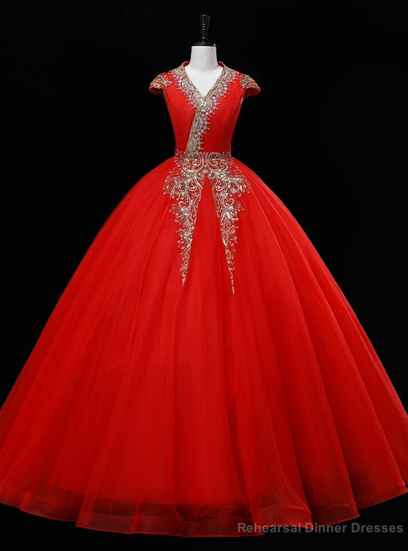 Red Tulle V-neck Cap Sleeve Sequins Beading Quinceanera Dress Main image