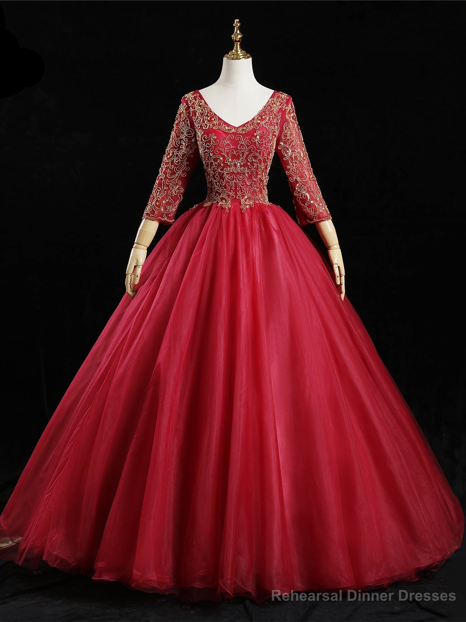 Red Tulle V-neck Long Sleeve Beading Quinceanera Dress Main image