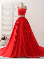 Red Two Pieces Satin Long Prom Dress Simple Red Evening Dress