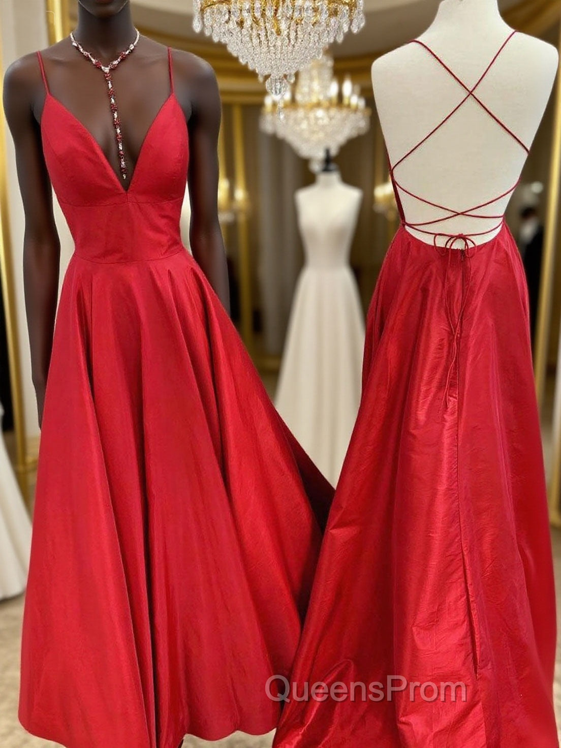 Red v neck backless satin long Evening Prom Dress red evening Dress Main image