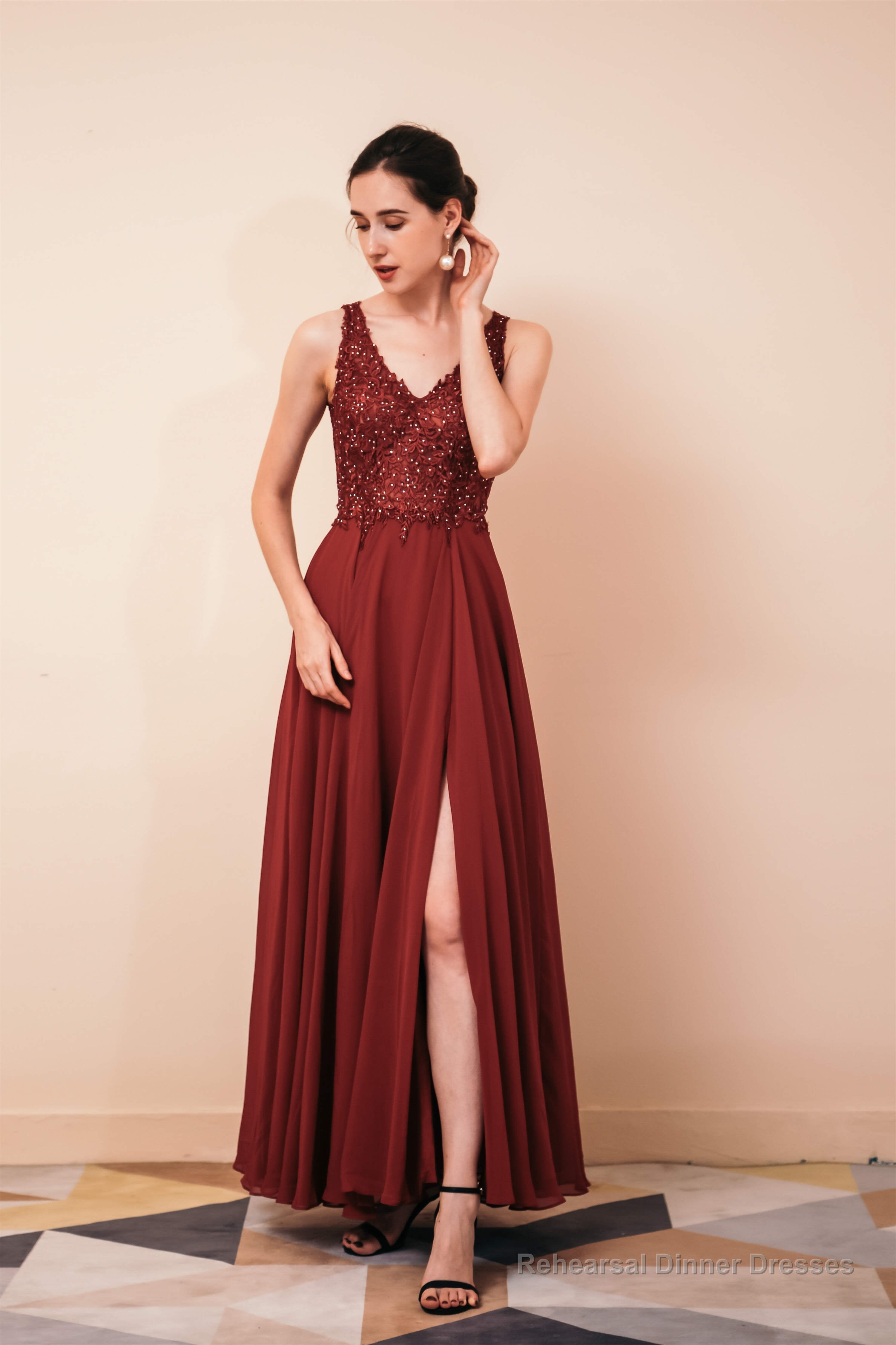 V-Neck Chiffon Appliques A Line Long Prom Dresses