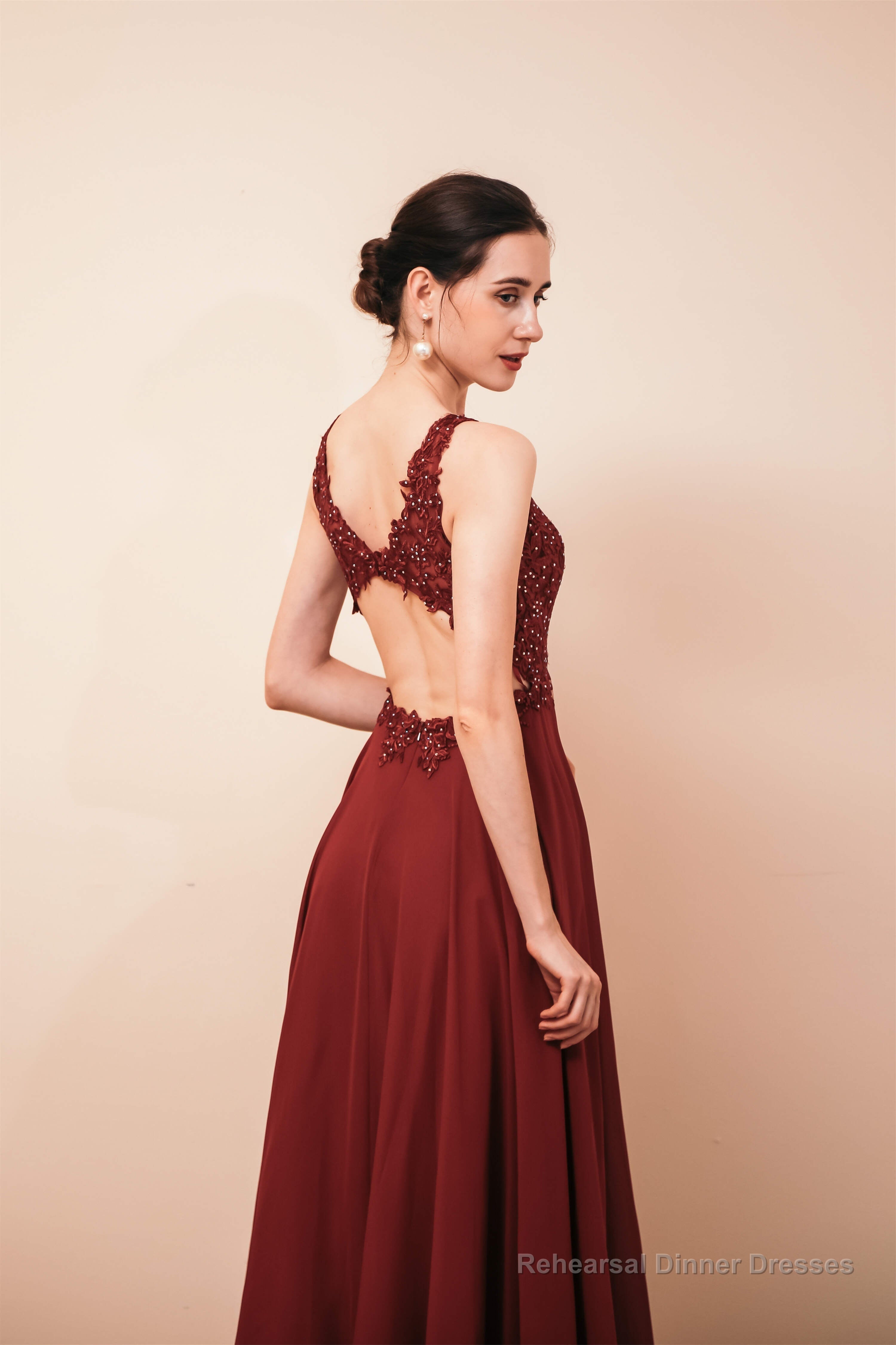 V-Neck Chiffon Appliques A Line Long Prom Dresses