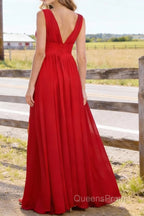 Red V Neck Chiffon Floor Length Bridesmaid Dresses Long Bridesmaid Dress With Pleated Split
