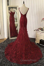 Red V Neck Lace Mermaid Long Evening Prom Dress, Red Evening Dress