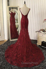 Red V Neck Lace Mermaid Long Evening Prom Dress, Red Evening Dress