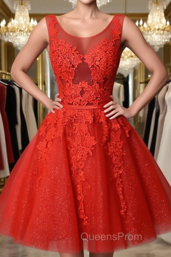 Red v neck lace tulle short Evening Prom Dress, red homecoming Dress Main image