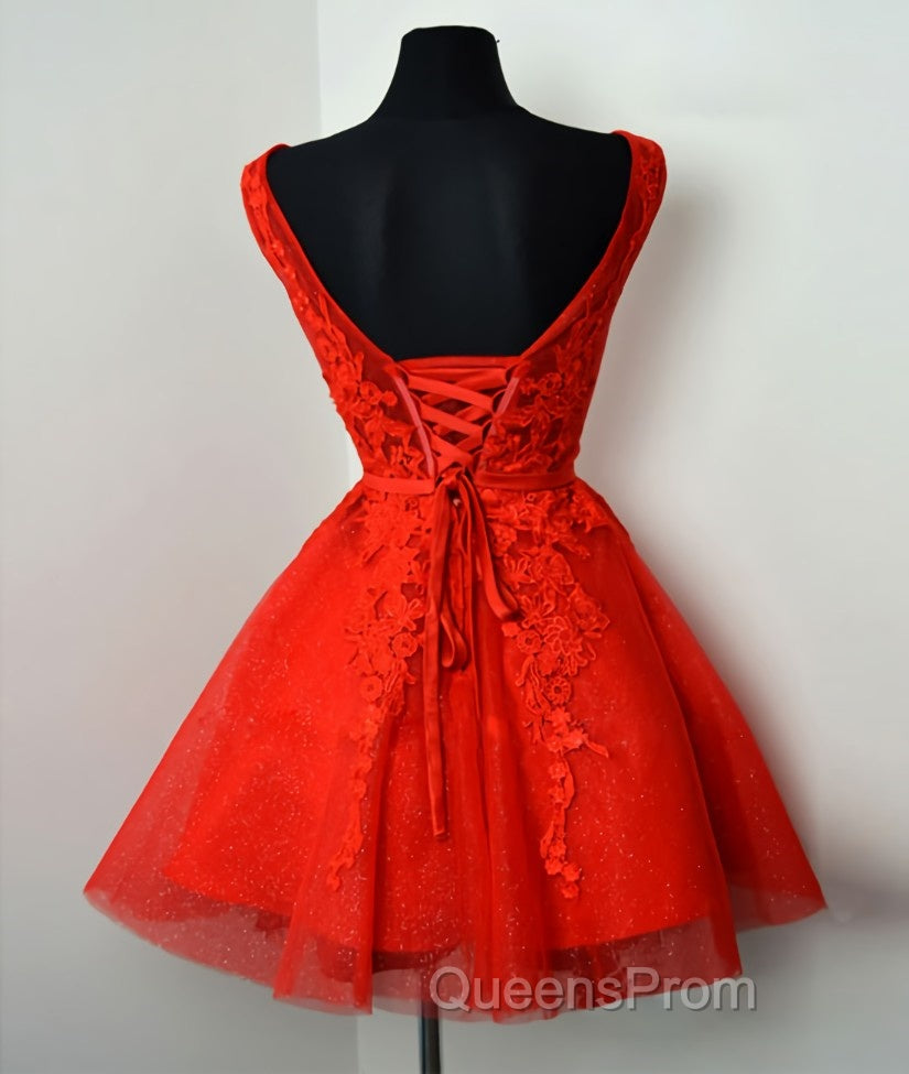 Red v neck lace tulle short Evening Prom Dress, red homecoming Dress Secondary image