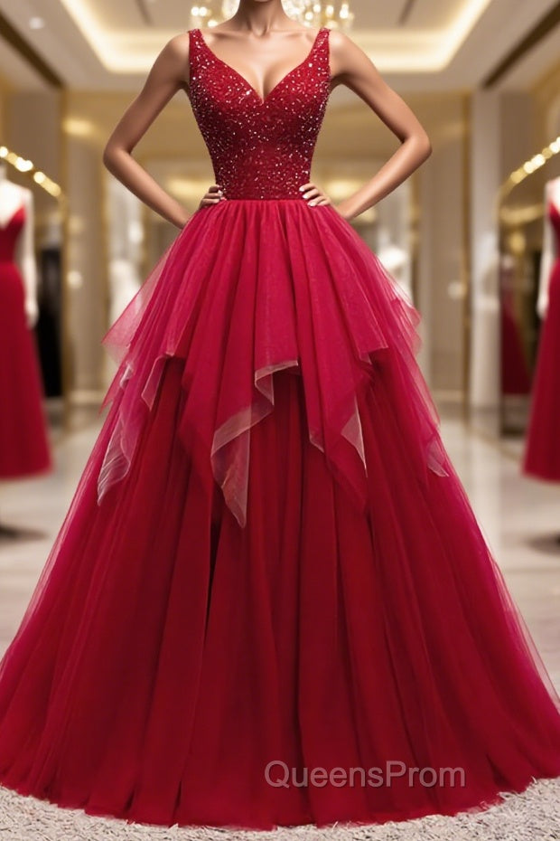 Red V Neck Long Evening Prom Dress with Corset Back, Red Floor Length Evening Prom Gown, Evening Dress Main image