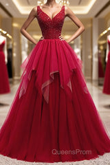 Red V Neck Long Evening Prom Dress with Corset Back, Red Floor Length Evening Prom Gown, Evening Dress