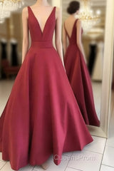 Red V Neck Satin Long Evening Prom Dress, Red Evening Dress