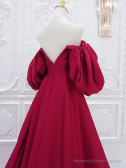 Red V Neck Satin Long Prom Dress, Red Puff Sleeves Satin Long Formal Dress