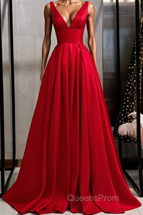 Red v neck satin long Evening Prom Dress simple red evening Dress Main image