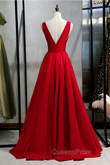 Red v neck satin long Evening Prom Dress simple red evening Dress