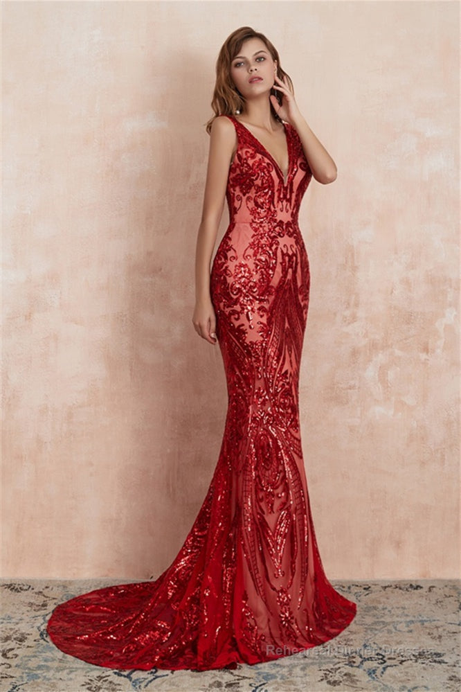 V-Neck Sequins Mermaid Sleeveless Lace-up Prom Dresses
