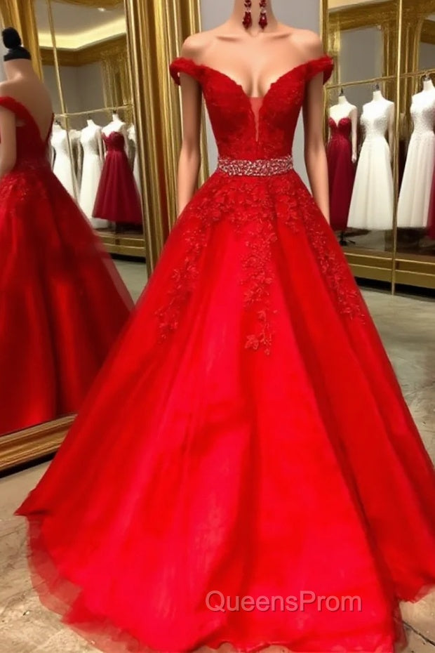Red v neck tulle lace long Evening Prom Dress, red tulle evening Dress Main image
