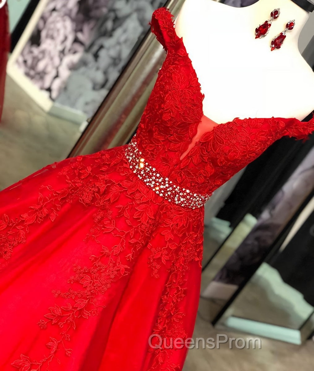 Red v neck tulle lace long Evening Prom Dress, red tulle evening Dress Secondary image