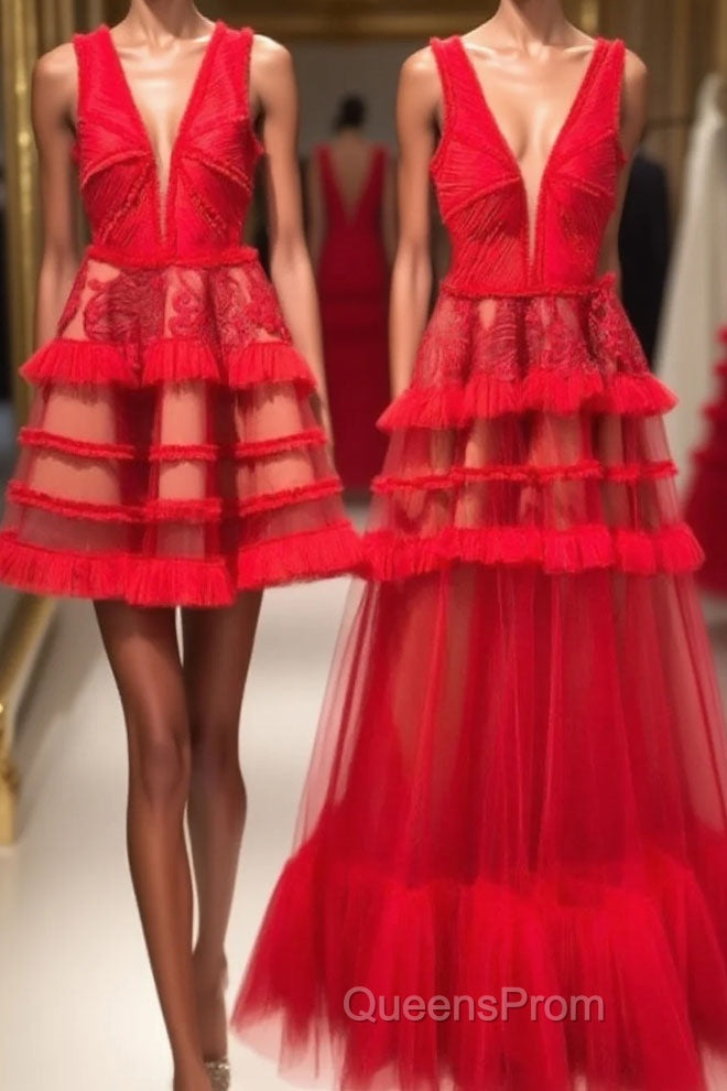 Red v neck tulle long Evening Prom Dress, red tulle evening Dress Main image