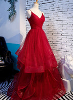 Red V-Neckline Tulle Straps Long Classy Dress, Red Layers Classy Prom Dress