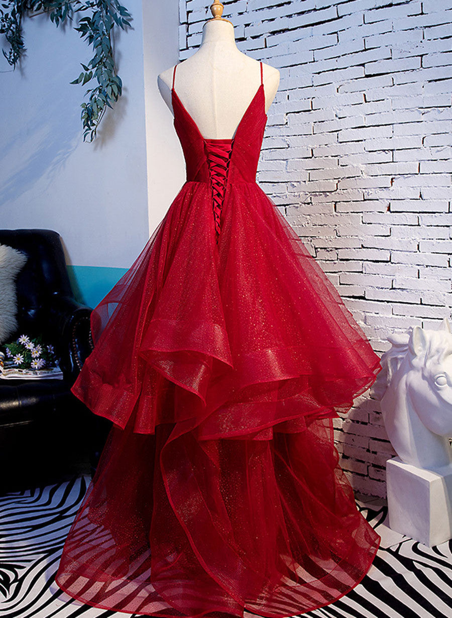 Red V-Neckline Tulle Straps Long Classy Dress, Red Layers Classy Prom Dress