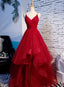 Red V-Neckline Tulle Straps Long Classy Dress, Red Layers Classy Prom Dress
