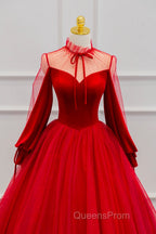 Red Velvet And Tulle Floor Length Evening Prom Dress, Long Sleeve Beautiful A-Line Party Dress