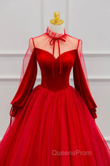 Red Velvet And Tulle Floor Length Evening Prom Dress, Long Sleeve Beautiful A-Line Party Dress
