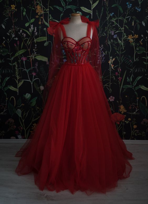 Red Velvet Classy Prom Dress Tulle Classy Evening Gowns