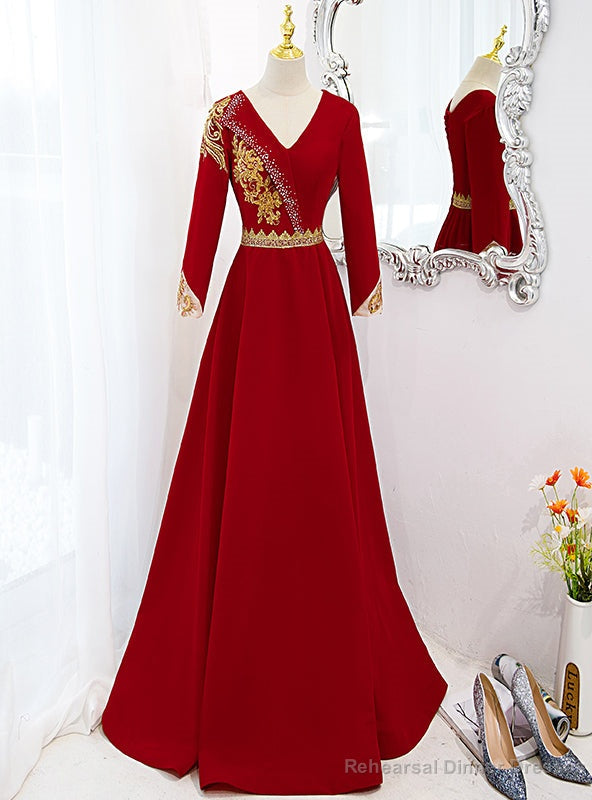 Red Velvet V-neck Long Sleeve Gold Beading Prom Dress Main image