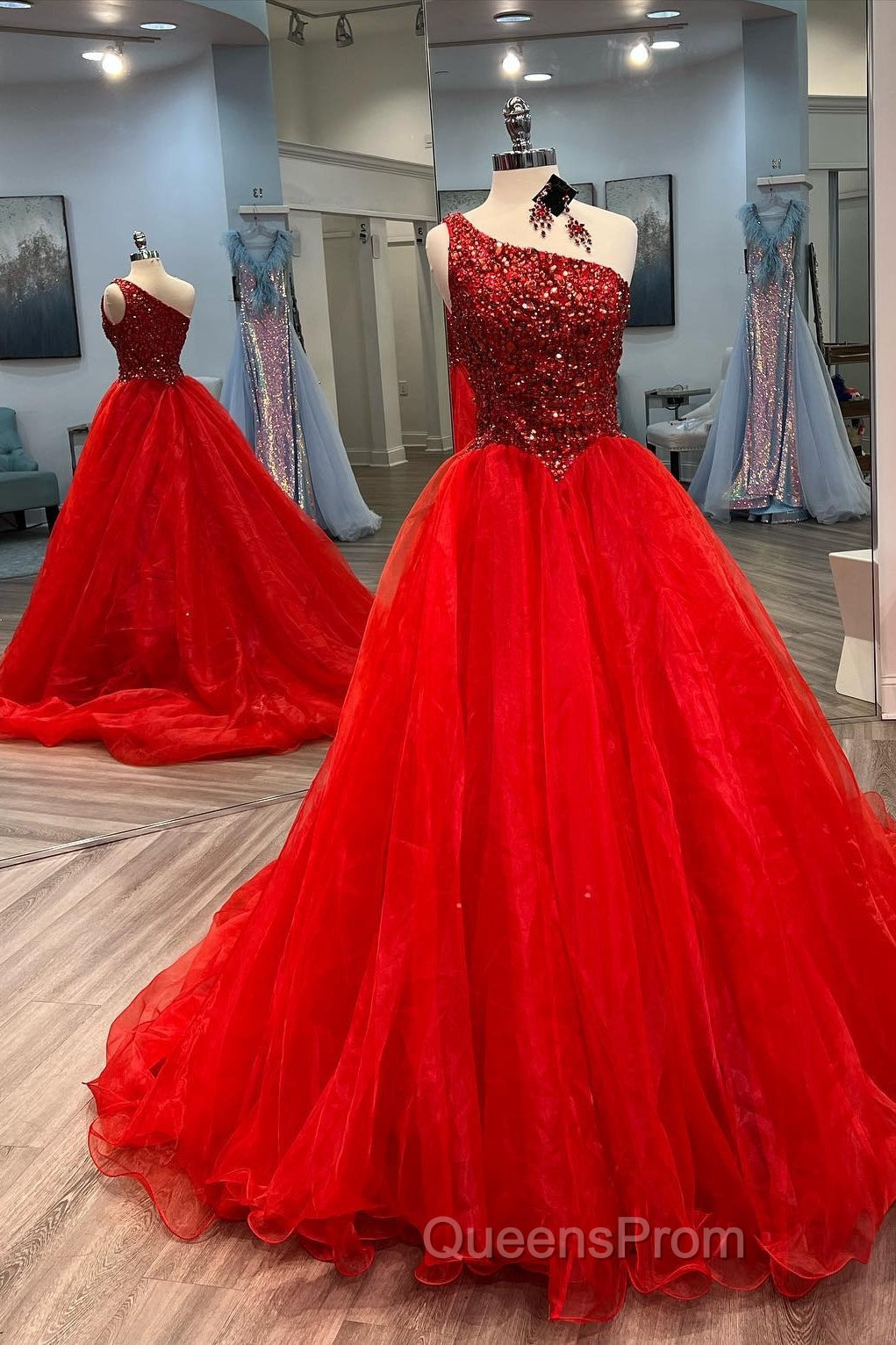 Blue Beaded One-Shoulder A-Line Long Evening Prom Dress