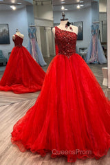 Blue Beaded One-Shoulder A-Line Long Evening Prom Dress