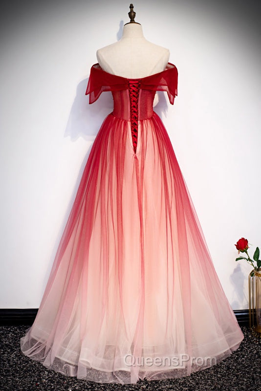 Red Off the Shoulder Long Tulle Evening Prom Dress with Beading, Party Gown with Sequins Secondary image