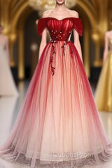 Red Off the Shoulder Long Tulle Evening Prom Dress with Beading, Party Gown with Sequins