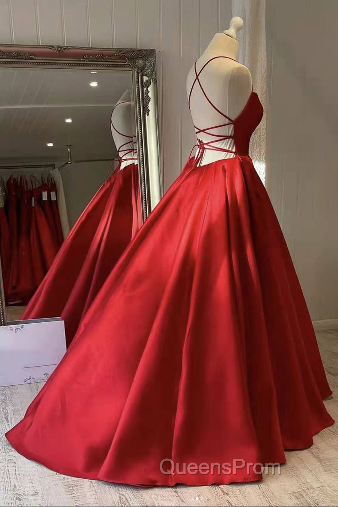 Red Satin Spaghetti Straps Long Evening Prom Dress, Puffy Princess Formal Gown Secondary image