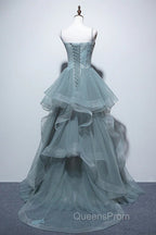Gray Spaghetti Straps Tulle Princess Formal Evening Party Dress Long Formal Evening Prom Dress
