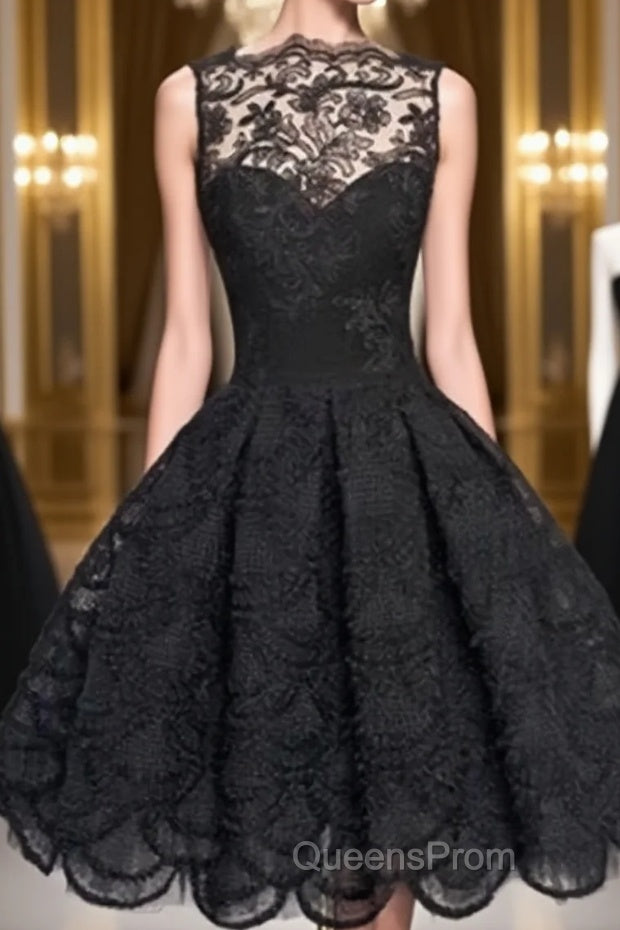 Retro A-line Black Lace Sleeveless Open Back Short Evening Prom Dress, Homecoming Dress
