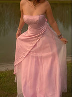 Retro A Line Strapless Pink Chiffon Long Party Dress Classy Prom Dress