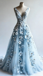 Retro A-Line V-Neck Tulle 3D Applique Wedding Dress Simple Beaded Classy Evening Gown