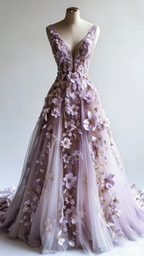 Retro A-Line V-Neck Tulle 3D Applique Wedding Dress Simple Beaded Classy Evening Gown
