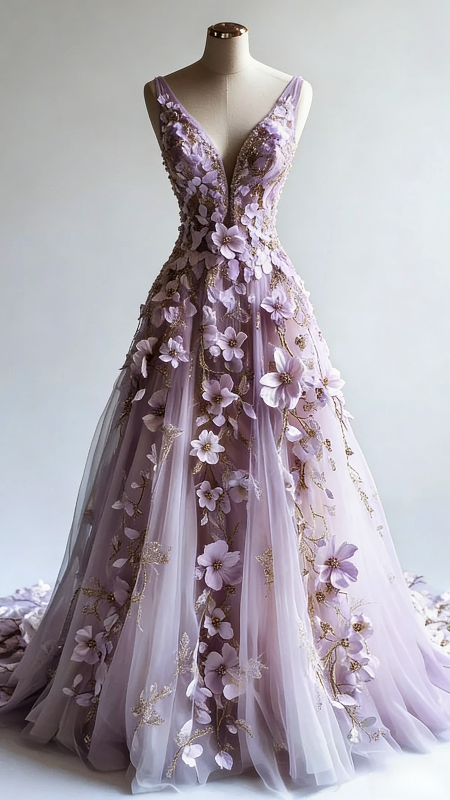 Retro A-Line V-Neck Tulle 3D Applique Wedding Dress Simple Beaded Classy Evening Gown