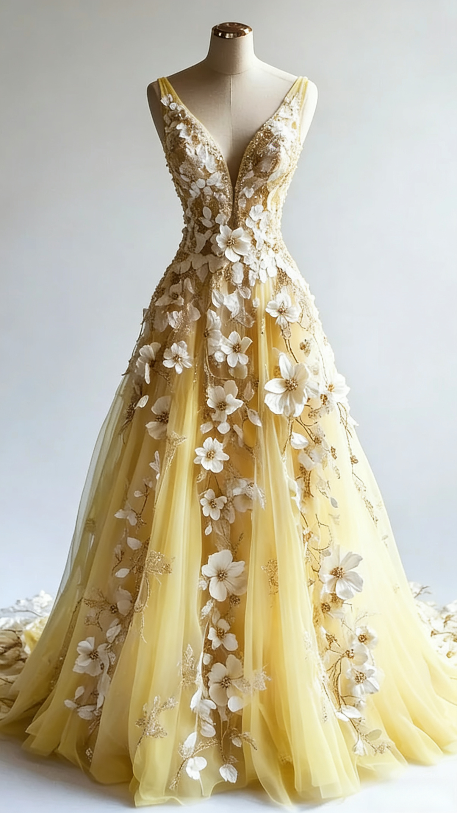 Retro A-Line V-Neck Tulle 3D Applique Wedding Dress Simple Beaded Classy Evening Gown