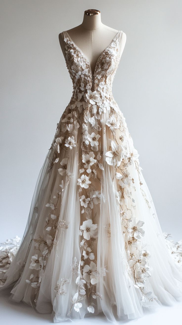 Retro A-Line V-Neck Tulle 3D Applique Wedding Dress Simple Beaded Classy Evening Gown Main image