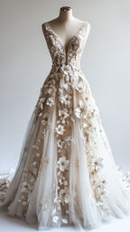 Retro A-Line V-Neck Tulle 3D Applique Wedding Dress Simple Beaded Classy Evening Gown