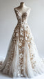 Retro A-Line V-Neck Tulle 3D Applique Wedding Dress Simple Beaded Classy Evening Gown